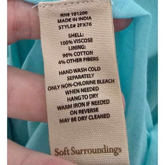 Soft Surroundings Dress M Crepe Blue Coastal Tropical Resort Boho Flowy Popover - Picture 11 of 12